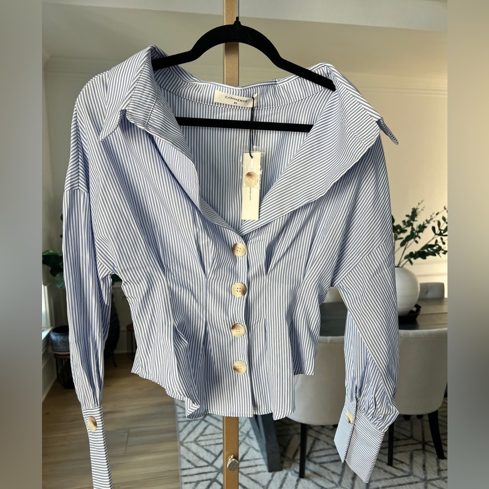 COMMENSE Blue & White Striped Collared Shirt – Waist-Cinching Design – XS – NWT - Picture 2 of 11